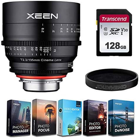 XEEN XN135-C 135mm T2.2 Profesyonel Cine canon lensi EF Dağı + 5-Pack Fotoğraf / Video Düzenleme Yazılımı ve 128 GB Transcend