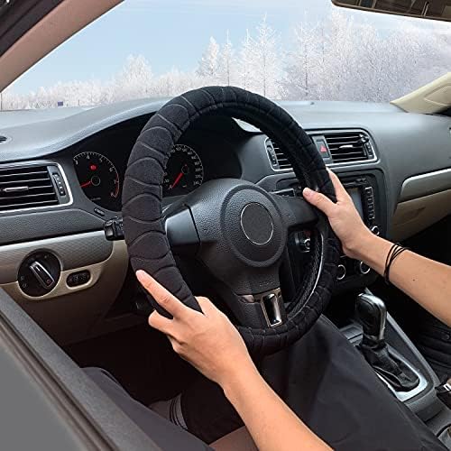 XCBYT Kış Bulanık Direksiyon Kapağı-Yumuşak Siyah Peluş Sıcak Eller Kadınlar için Evrensel 15 İnç Araba İç Aksesuarları (Peluş-Siyah)