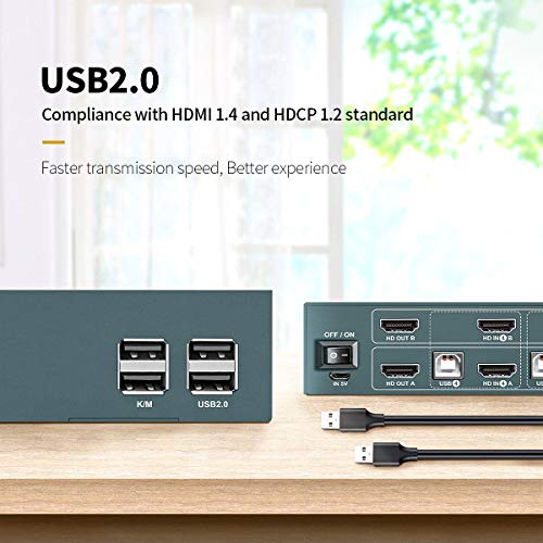 HDMI KVM Anahtarı Çift Monitör Genişletilmiş Ekran 4 Port, 2 USB 2.0 Hub, UHD 4K @ 30Hz YUV4: 4: 4 Aşağı Doğru Uyumlu, Kısayol