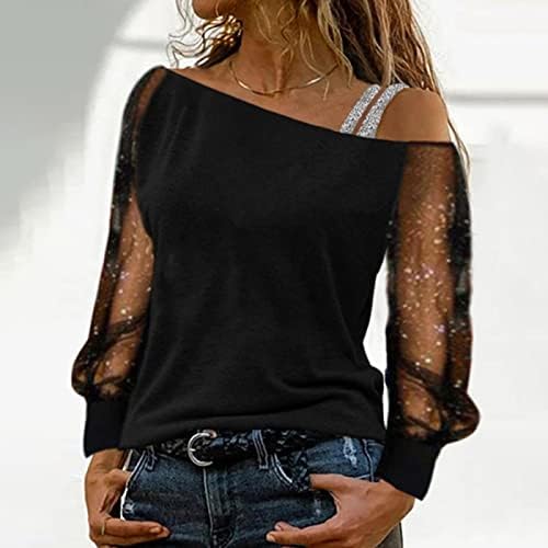 Glitter örgü uzun kollu kadınlar için düz renk şık soğuk Shouler gevşek askıları bluz T-Shirt