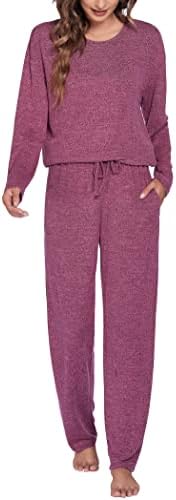 Ekouaer Pijama Set kadın Uzun Kollu Pijama Ekip Boyun Rahat Loungewear Yumuşak Pjs Cepler ıle Set S-XXL