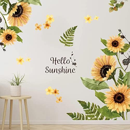 Ayçiçeği duvar çıkartmaları Sarı Çiçek Yeşil Yaprakları ile Duvar Çıkartmaları, çıkarılabilir Hello Sunshine Çiçekler Yaprak