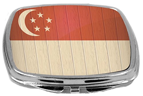 Sıkıntılı Ahşap Tasarımlı Rikki Knight Kompakt Ayna, Singapur Bayrağı, 3 Ons