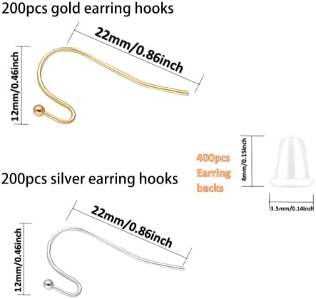 Takı Yapımı için Fransız Küpe Kancaları, 400pcs Silikon Küpe Sırtlı Altın Gümüş 400pcs Bilyalı Nokta Kulak Telleri, Küpeler için