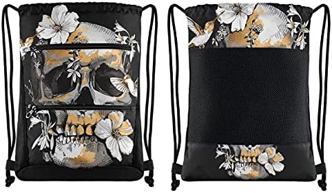 İpli sırt çantası Gotik Kafatası Hummingbird Çiçekler Spor Salonu Sackpack Dize Çanta Erkekler Kadınlar için Örgü ve Fermuarlı