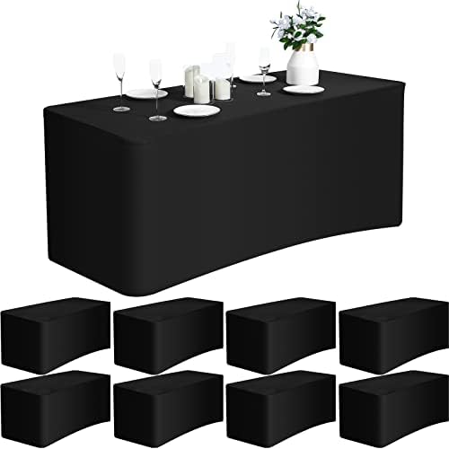 8 Parça Dikdörtgen Spandex Masa Örtüleri 6 Ayaklar Siyah Gömme Polyester Masa Örtüsü Streç Spandex Masa Örtüleri Düğün Masa Örtüleri
