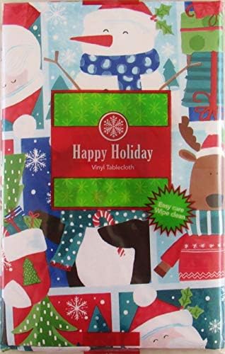 Noel Baba, Kardan Adam, Penguen ve Ren Geyiği ile Mutlu Tatil Kutlaması Vinil Pazen Arka Masa Örtüsü (52 x 90 Dikdörtgen)