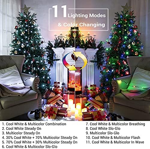 BrizLabs noel ışıkları, 98ft 300 LED soğuk beyaz ve renkli Noel ağacı ışıkları ile uzaktan, 11 modları renk değiştirme noel ışıkları,