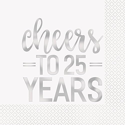 Eşsiz 25. Yıl Dönümü' Cheers to 25 Years 'Öğle Yemeği Peçeteleri 6.5, 16 Ct, Gümüş ve Beyaz (72561)