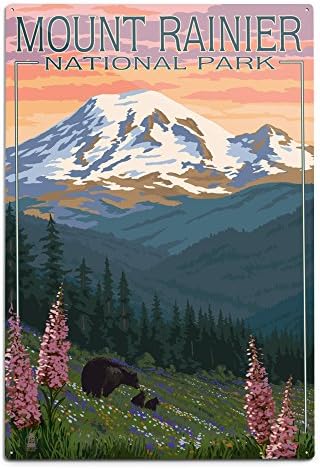 Rainier Dağı Milli Parkı, Washington, Ayı ve Yavruları ile Çiçekler (12x18 Sanat Baskı, Seyahat Poster Duvar Dekor)