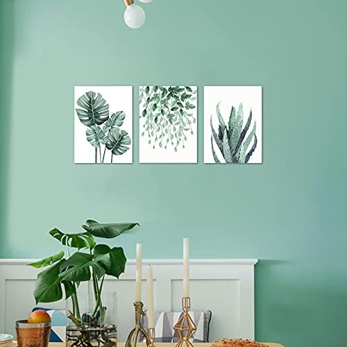 Yeşil Bitki Duvar Dekor Resimleri-Botanik Baskılar Duvar Sanatı 3 Parça Tropikal Minimalist Suluboya Monstera Etli Yaprak Tuval