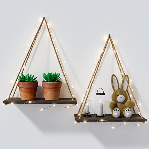 2-Pack asılı duvar rafı ile sıcak ışık LED-şerit, ahşap salıncak yüzer halat Raf için ev dekor, Boho pencere bitki raflar için