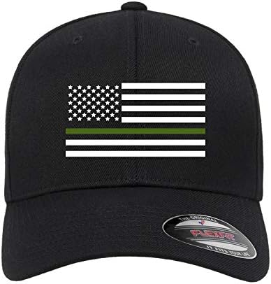 Amerikan Bayrağı Ince Mavi Çizgi Kırmızı Çizgi Yeşil Sıkıcı Hattı Destekçisi Işlemeli Flexfit Donatılmış Siyah Topu Kap Şapka
