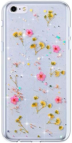 IKASEFU Kılıf ile Uyumlu iPhone 6 Artı/6 S Artı Gypsophila Çiçek Bling Glitter Sparkle Parlak Gerçek çiçek Yumuşak Ince Darbeye