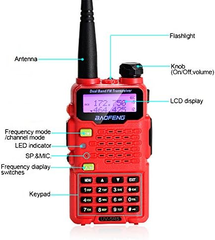 BAOFENG 2 Paket UV-5R5 5 Watt'lık Çift Bantlı İki Yönlü Telsiz (144-148MHz VHF ve 420-450MHz UHF) Büyük Pilli Tam Kit İçerir-Kırmızı